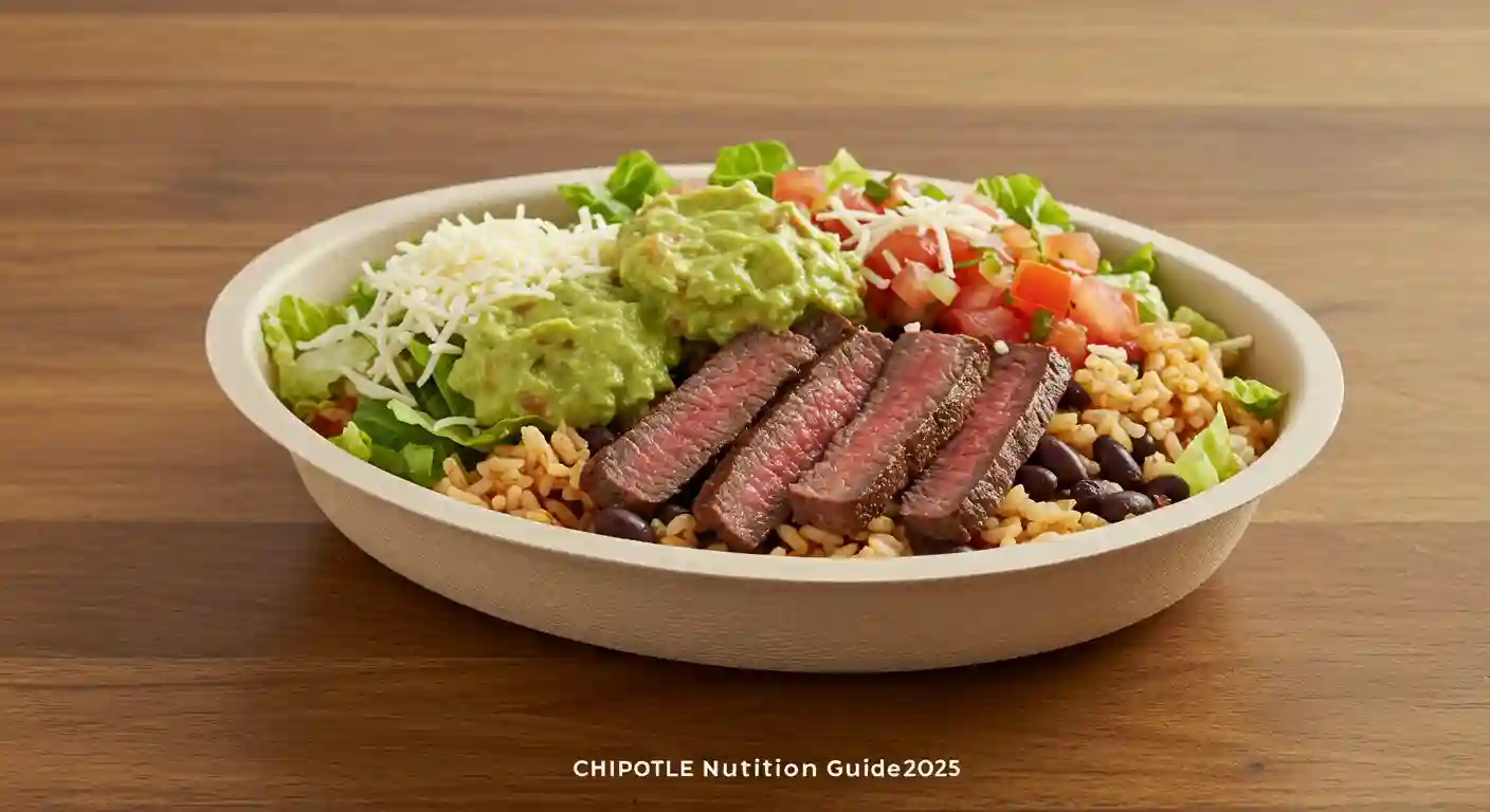 Chipotle steak bowl with guacamole, rice, beans, and salsa in 2025