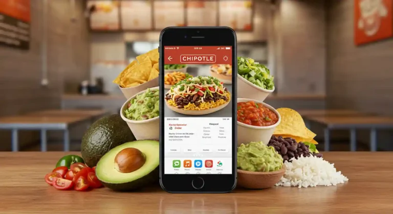 Smartphone showing Chipotle app with burrito bowl and fresh ingredients