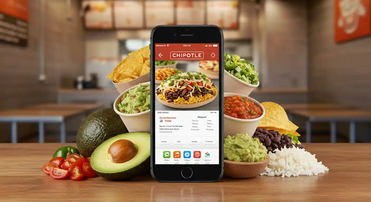 Smartphone showing Chipotle app with burrito bowl and fresh ingredients