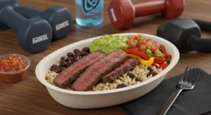High-protein Chipotle steak bowl nutrition with rice and black beans for fitness