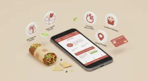 Smartphone showing Chipotle app benefits with food and feature icons