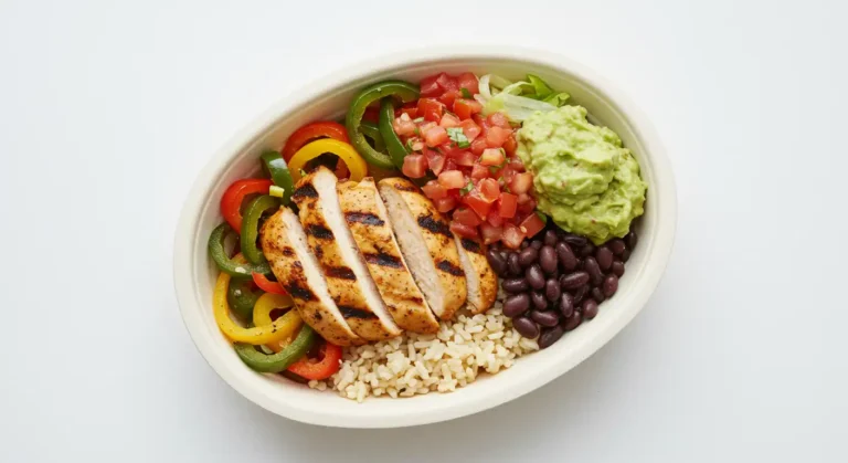Chipotle chicken bowl with grilled chicken, rice, beans, salsa, and guacamole on white background