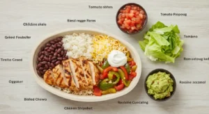 Deconstructed Chipotle chicken bowl ingredients displayed separately