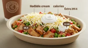 Chipotle chicken bowl highlighting high-calorie toppings like cheese and sour cream