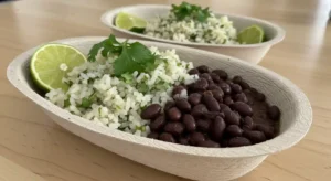 Chipotle black beans and white rice in small bowls with cilantro garnish