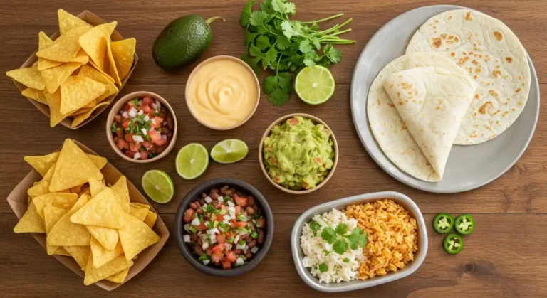 Chipotle sides including chips, guac, queso, rice, and beans on table