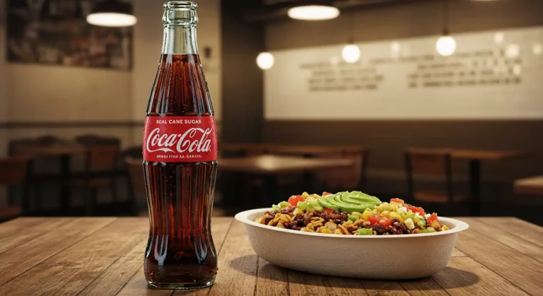 Glass bottle of Mexican Coca-Cola next to Chipotle burrito bowl