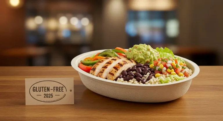 Gluten-free Chipotle bowl with fresh ingredients and allergen-free label