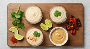 Different variations of chipotle aioli recipe in small bowls with garnishes