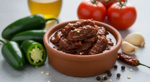 Bowl of chipotle peppers in adobo sauce with fresh jalapeños and garlic