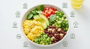 Healthy Chipotle breakfast bowl with eggs, avocado, and veggies