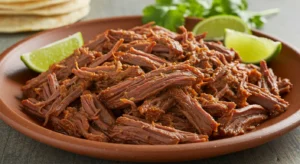 Close-up of shredded Chipotle barbacoa beef with cilantro and lime