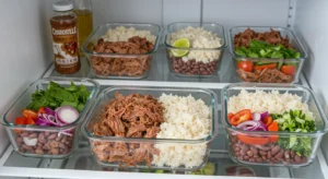 Meal prep containers with Chipotle barbacoa, rice, beans, and vegetables