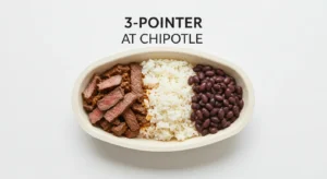 Simple Chipotle burrito bowl with three ingredients labeled 3-Pointer