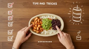 Customer choosing three ingredients at Chipotle counter for 3-Pointer bowl