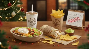 Chipotle holiday hours with Christmas decorations and Dec 25 closed calendar