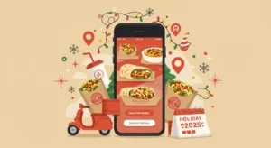 Chipotle app on smartphone with holiday delivery icons and food.